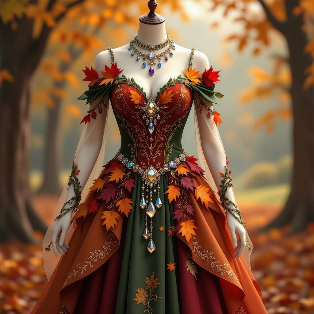 Magical Elven Autumn Dress with Majestic Jewelry