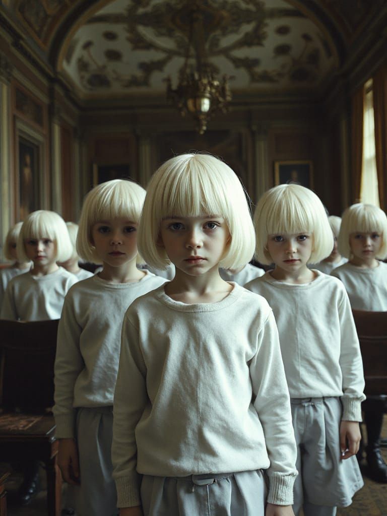 Albino Children in Dystopian Schoolroom, Eerie Digital Art