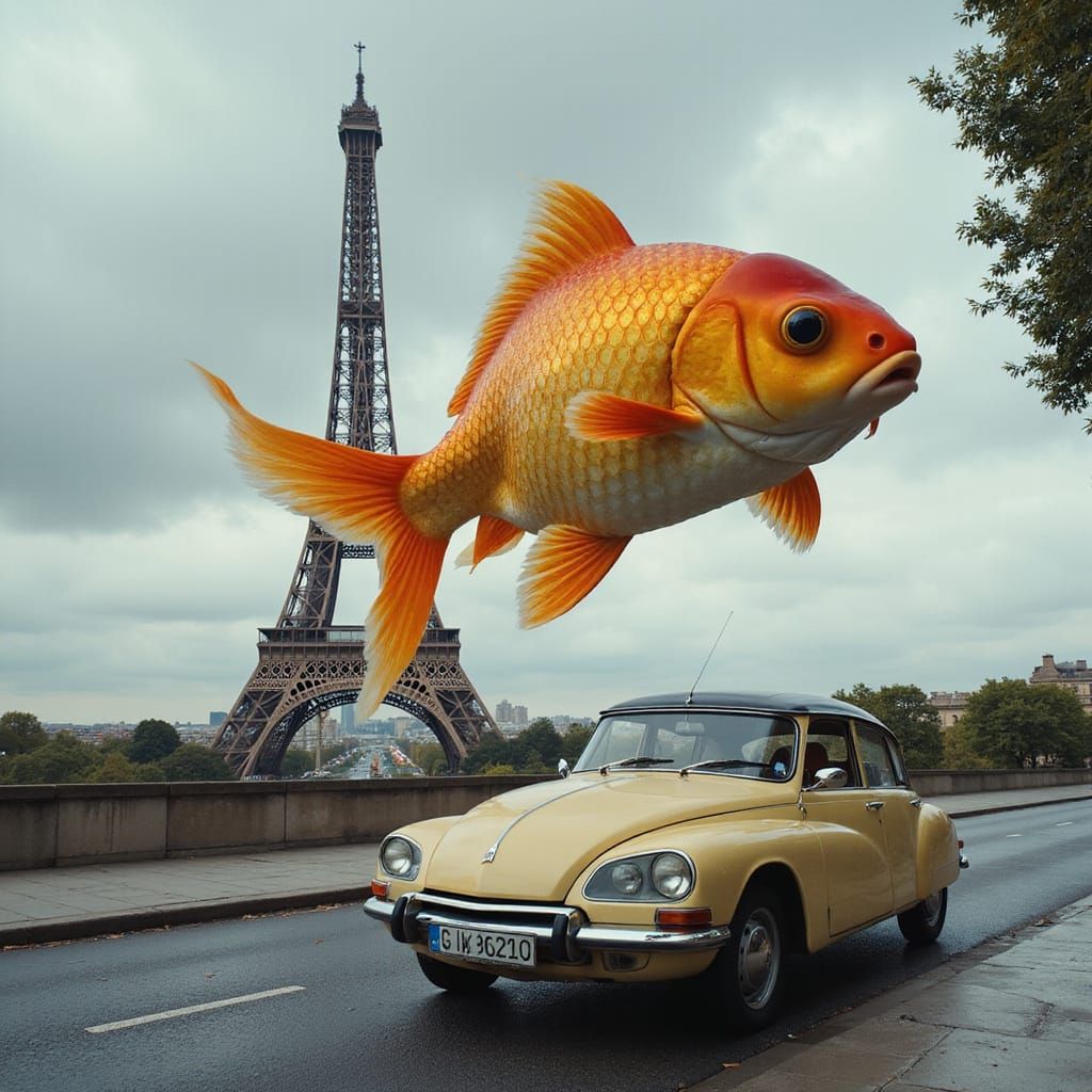 Giant Goldfish Circling Eiffel Tower: Photorealistic Dreamsc...