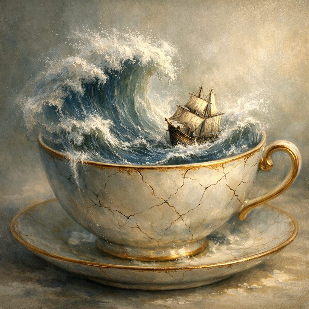 Porcelain Teacup Holds Stormy Ocean in Surreal Art