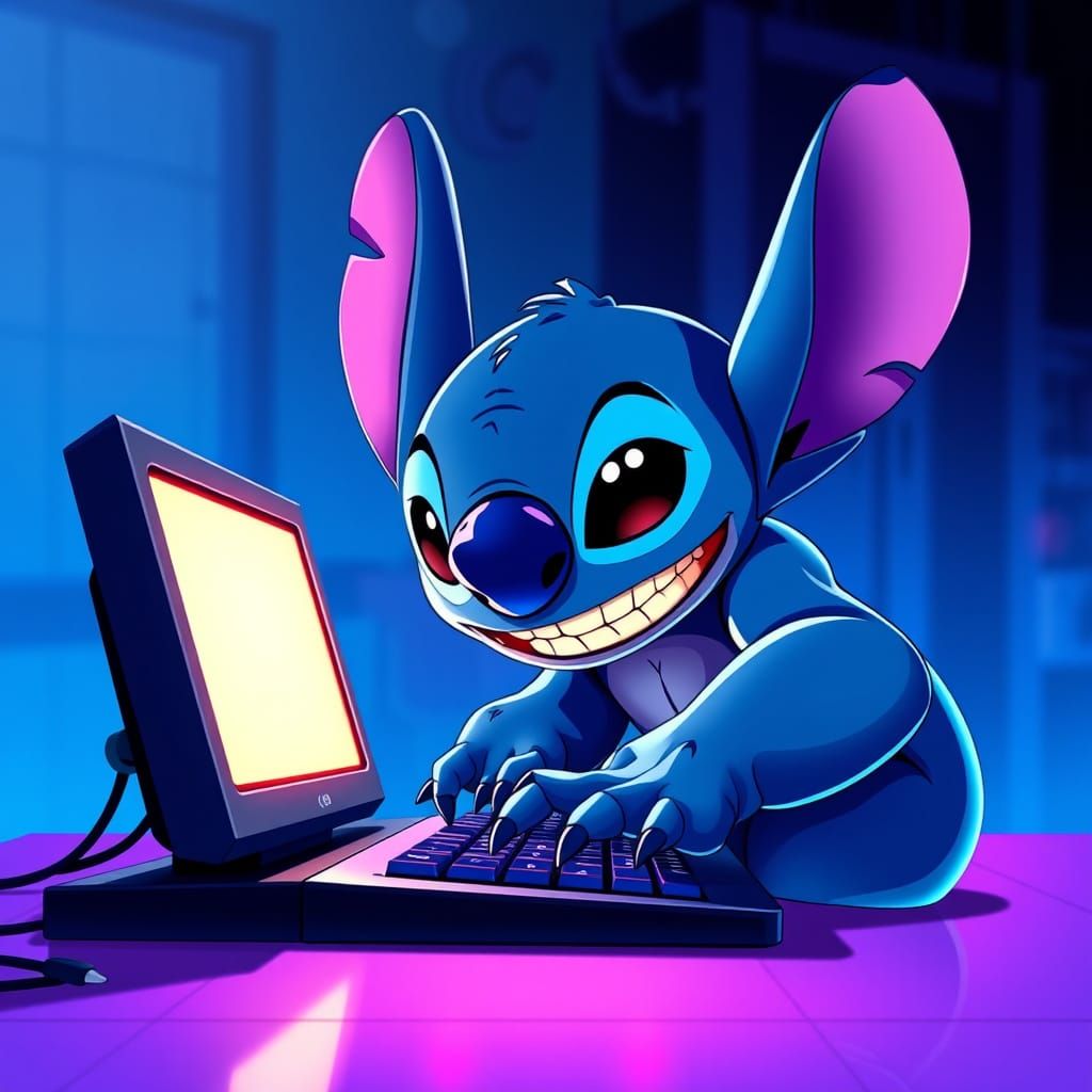 Stitch Hacks High-Tech Computer in Cyberpunk Manga Style