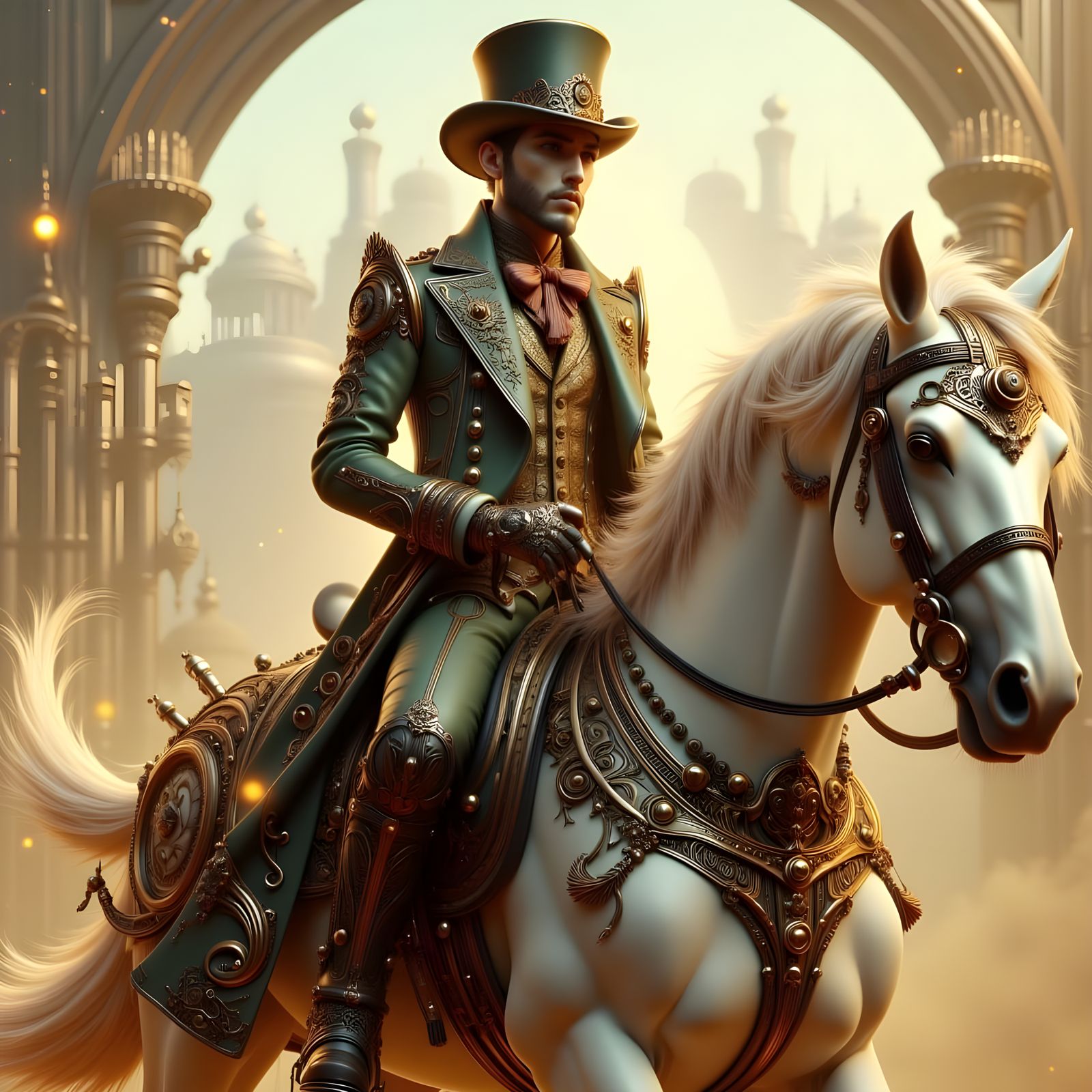 Steampunk Gentleman on Stallion in Art Nouveau Style
