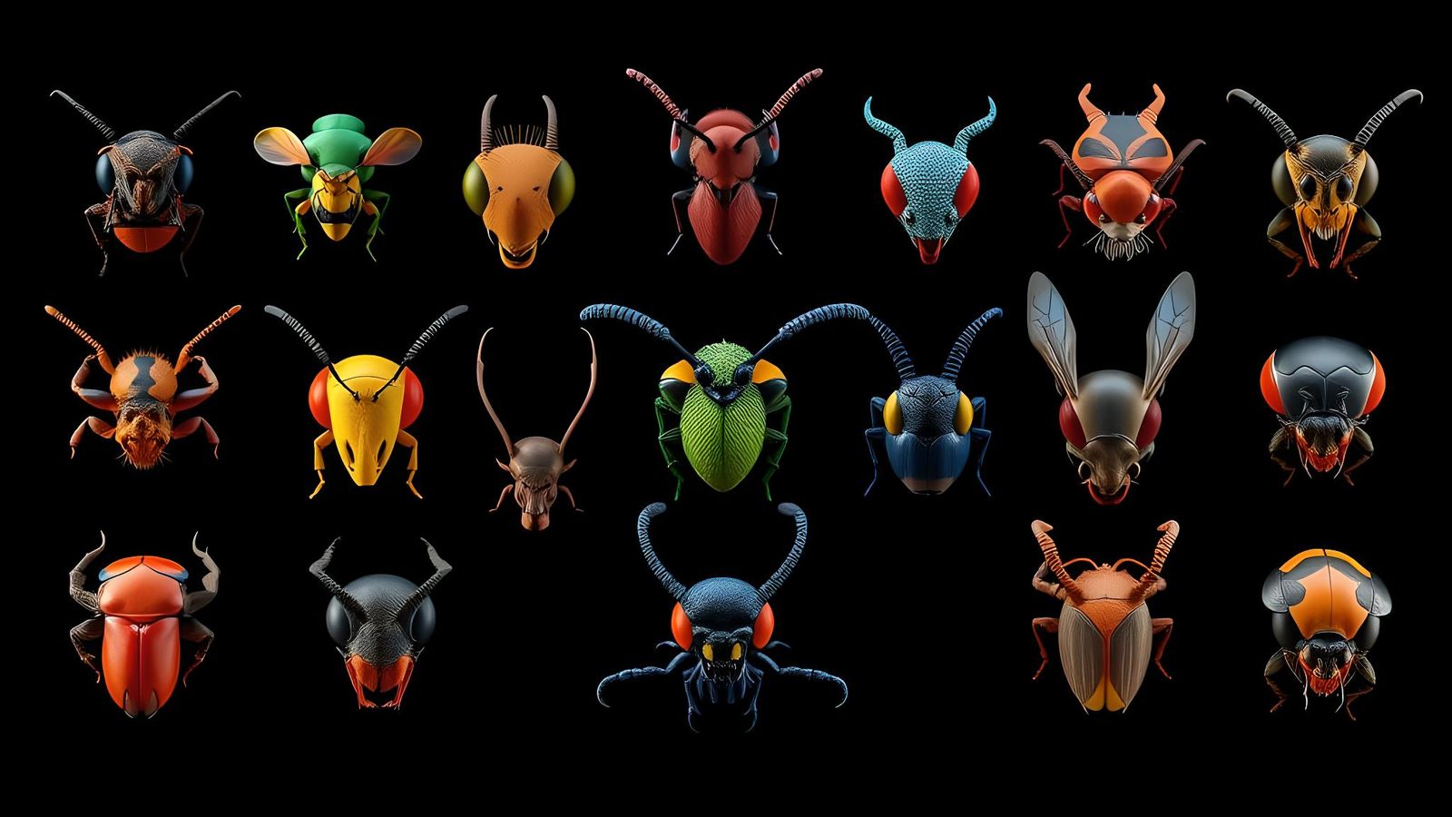 Detailed 3D Render of Fifteen Insect Head Icons