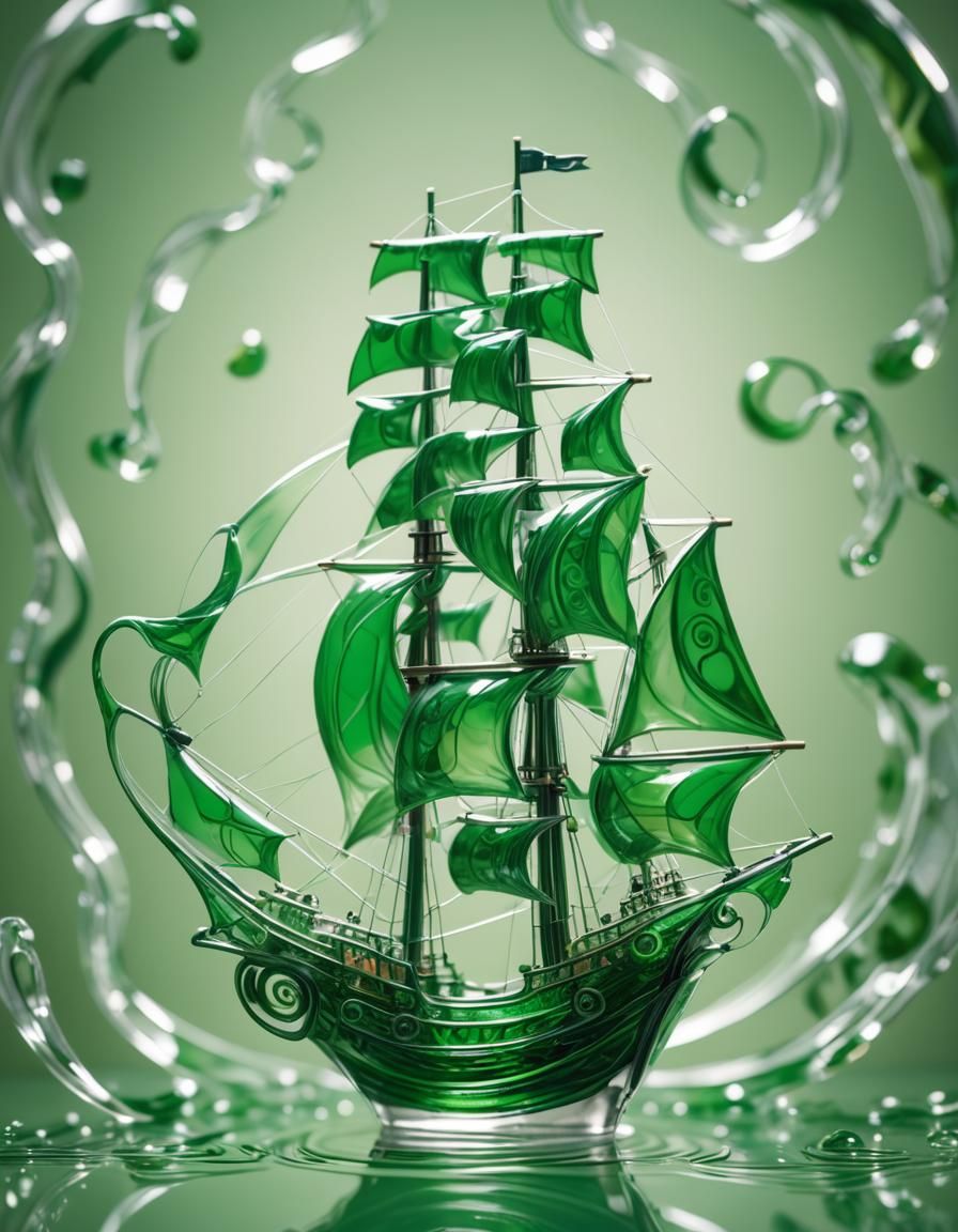 Emerald Ship Model in Abstract Green Glass