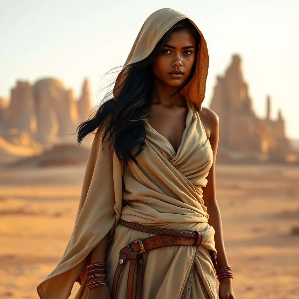 Confident Woman in Futuristic Desert Landscape
