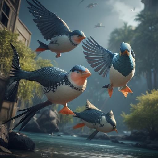 Fish Birds in 3D Game Cinematic Style