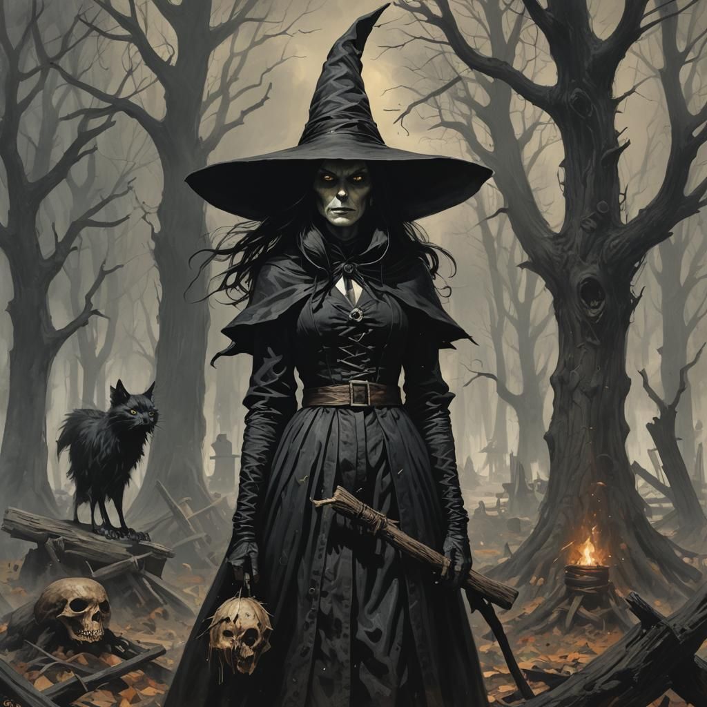 Sinister Salem Witch Portrait in Dark Fantasy Style