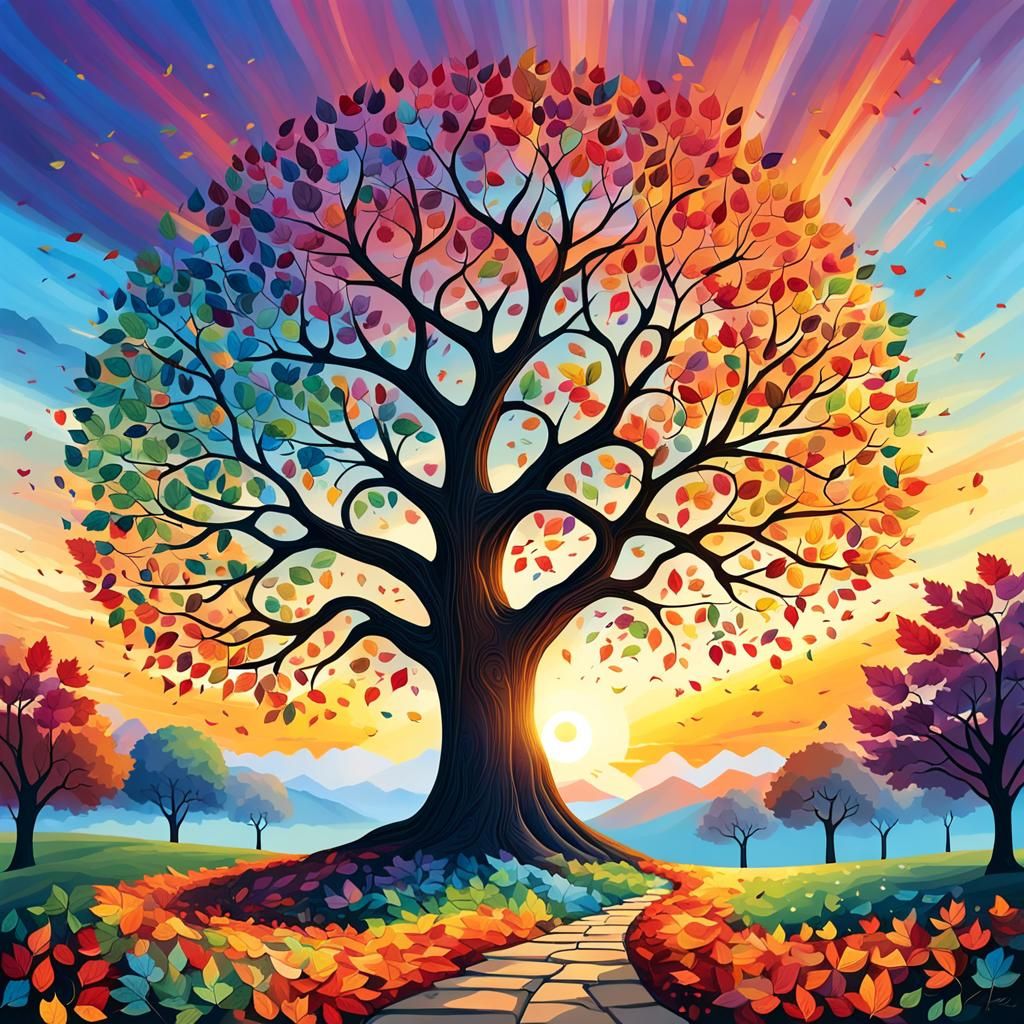 Tree with Colorful Leaves and Sunrise Background