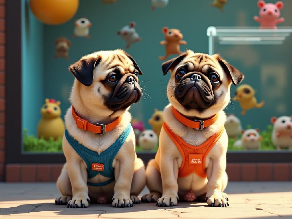 Pugs Eagerly Gaze at Mall Pet Store Display