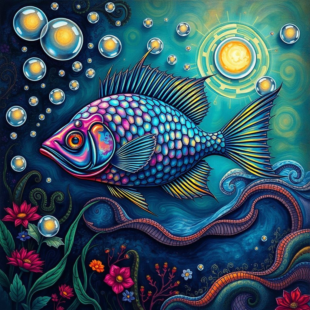 Majestic Jewel Fish in Vibrant Aquatic Landscape with Surrea...