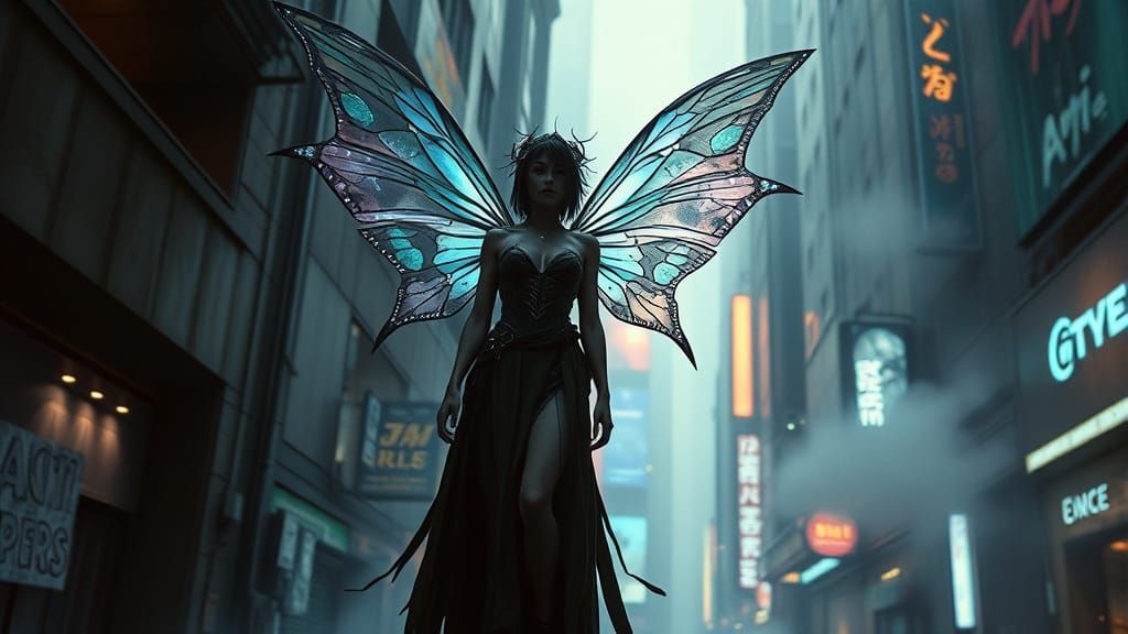 Cyberpunk Fairy in Dimly Lit Alleyway