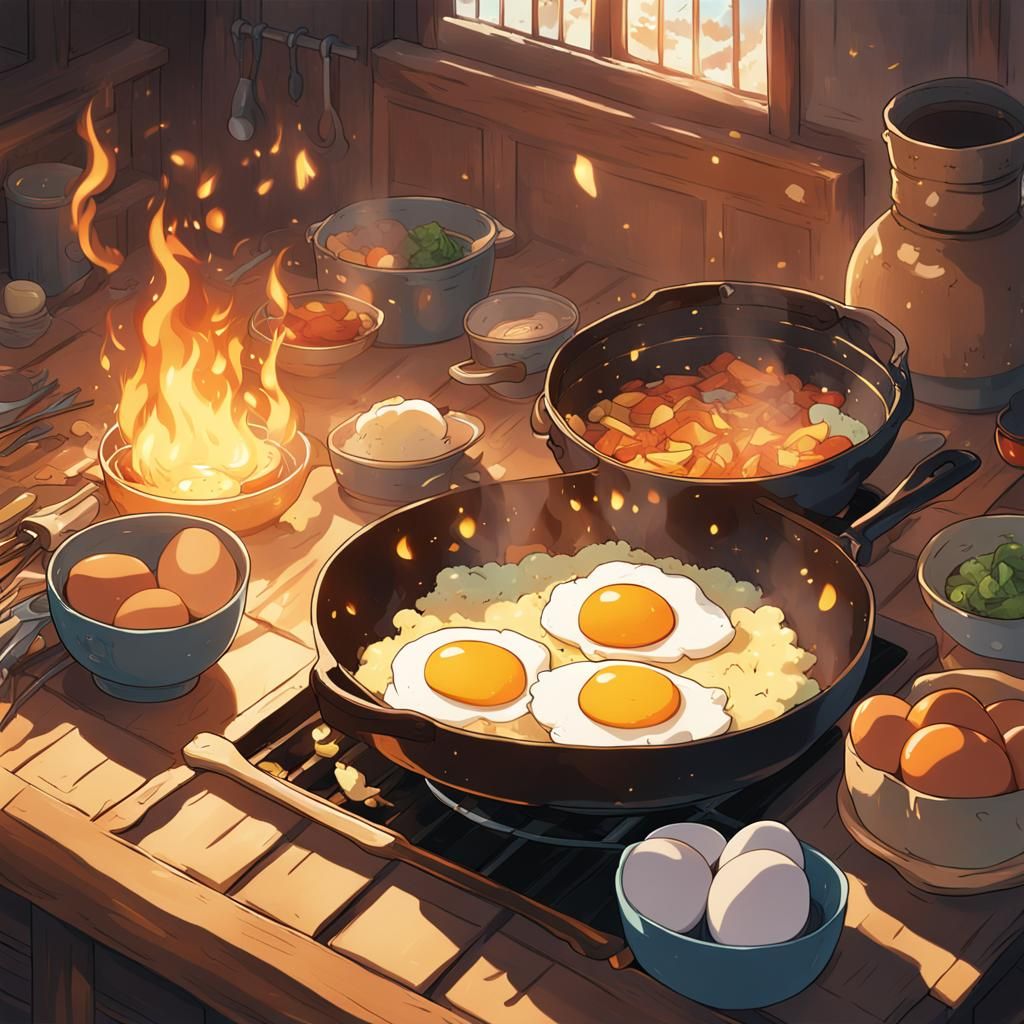 Anime Fire Character Cooking Eggs, Ghibli Style