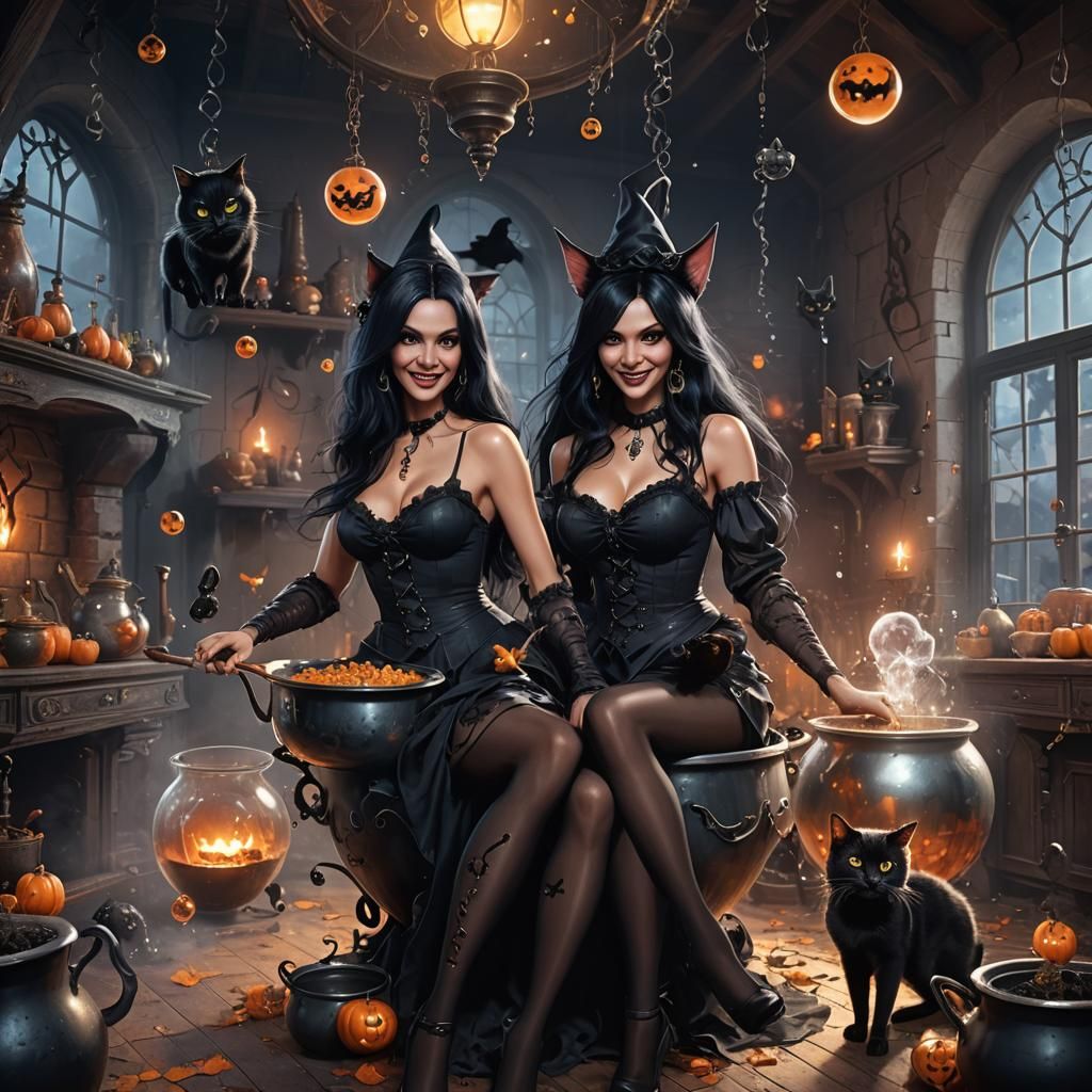 Fantasy Witch with Black Cat in Haunted House