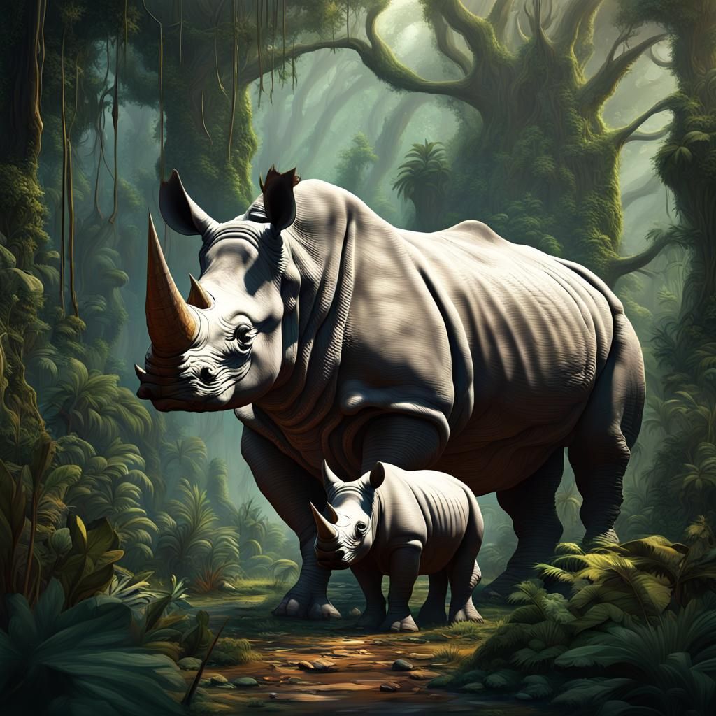 Rhinoceros Family in Jungle: Detailed Fantasy Art