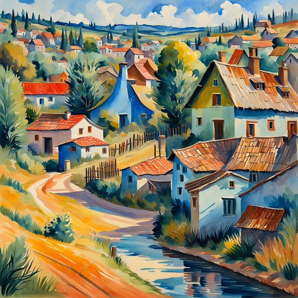 Gouache Village: Impressionist Masterpiece in Watercolor