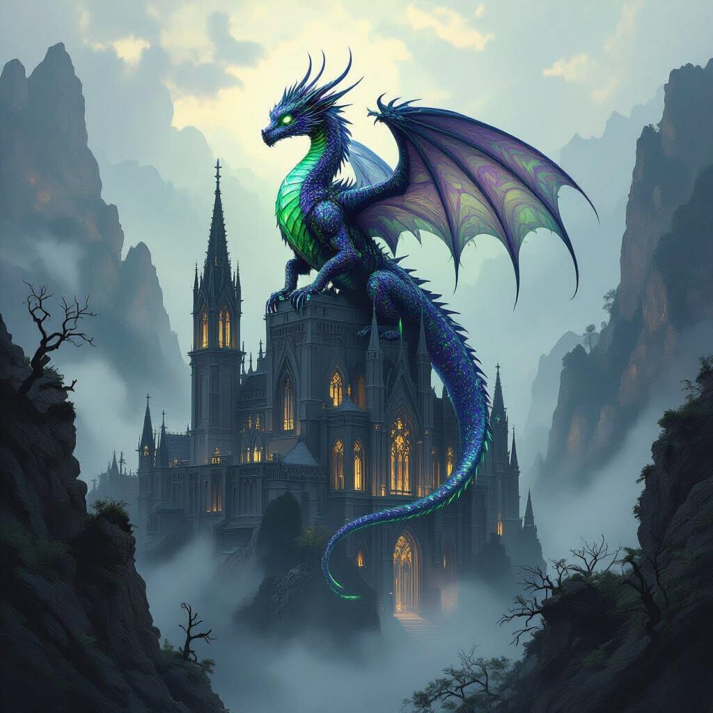 Bioluminescent Dragon Guarding Gothic Cathedral in Neo-Baroq...
