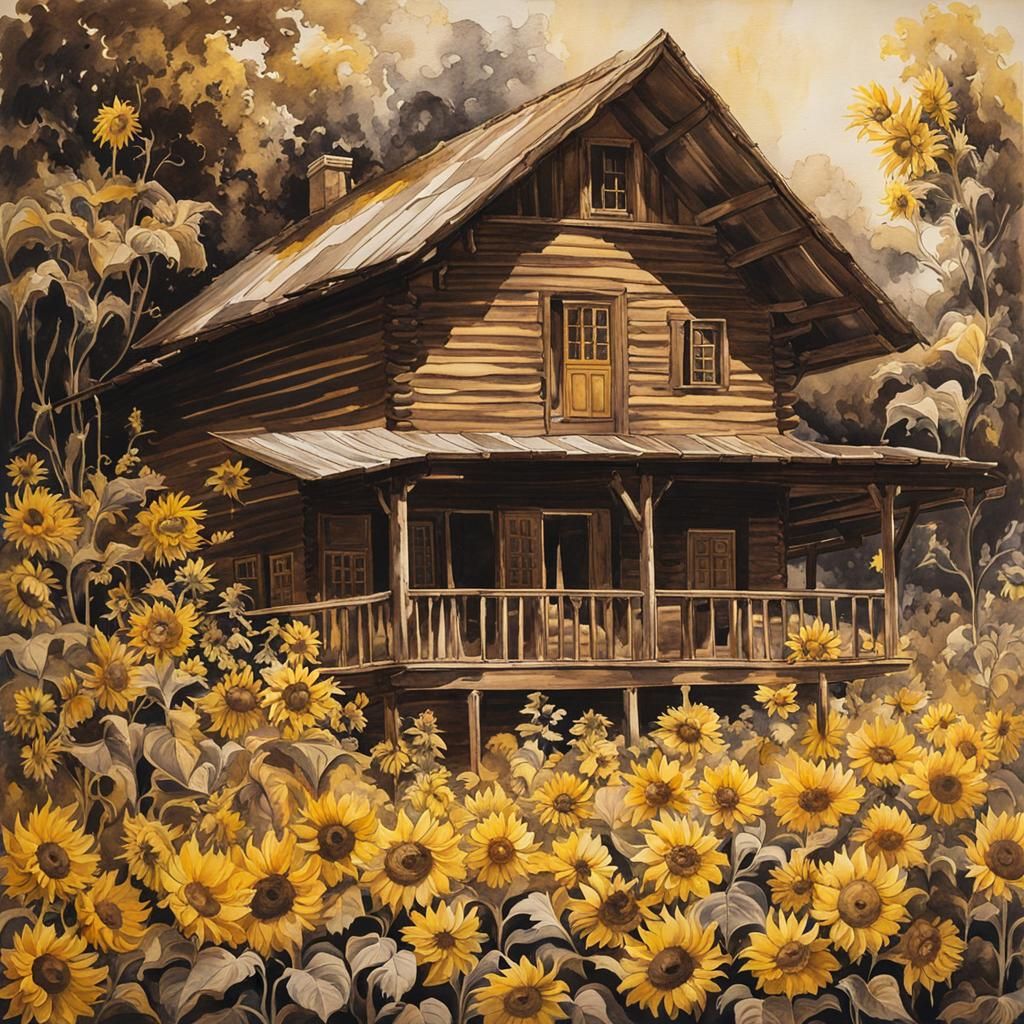 Cabin Among Sunflowers: Ink and Wash Study
