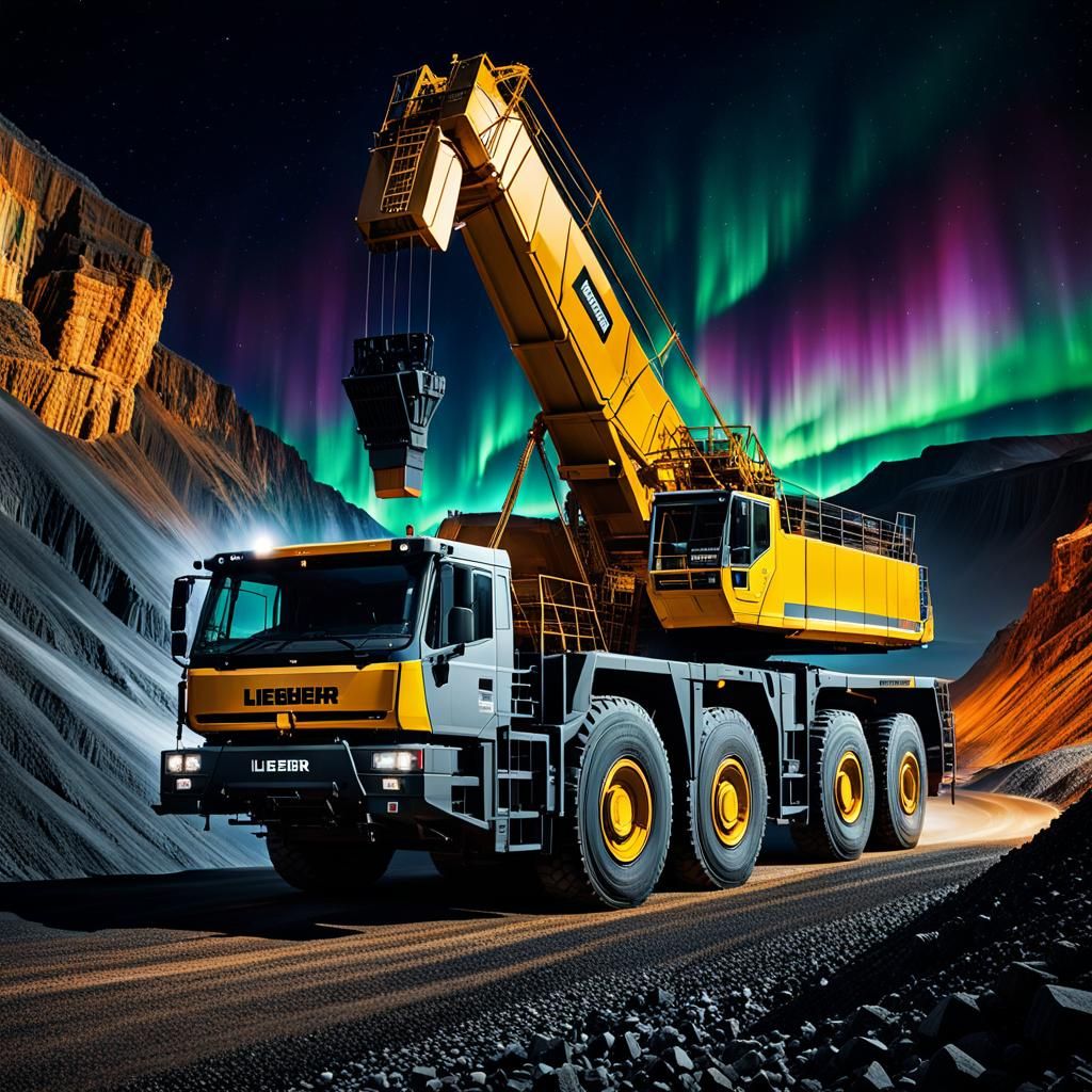Crane Truck in Open Pit Mine with Aurora