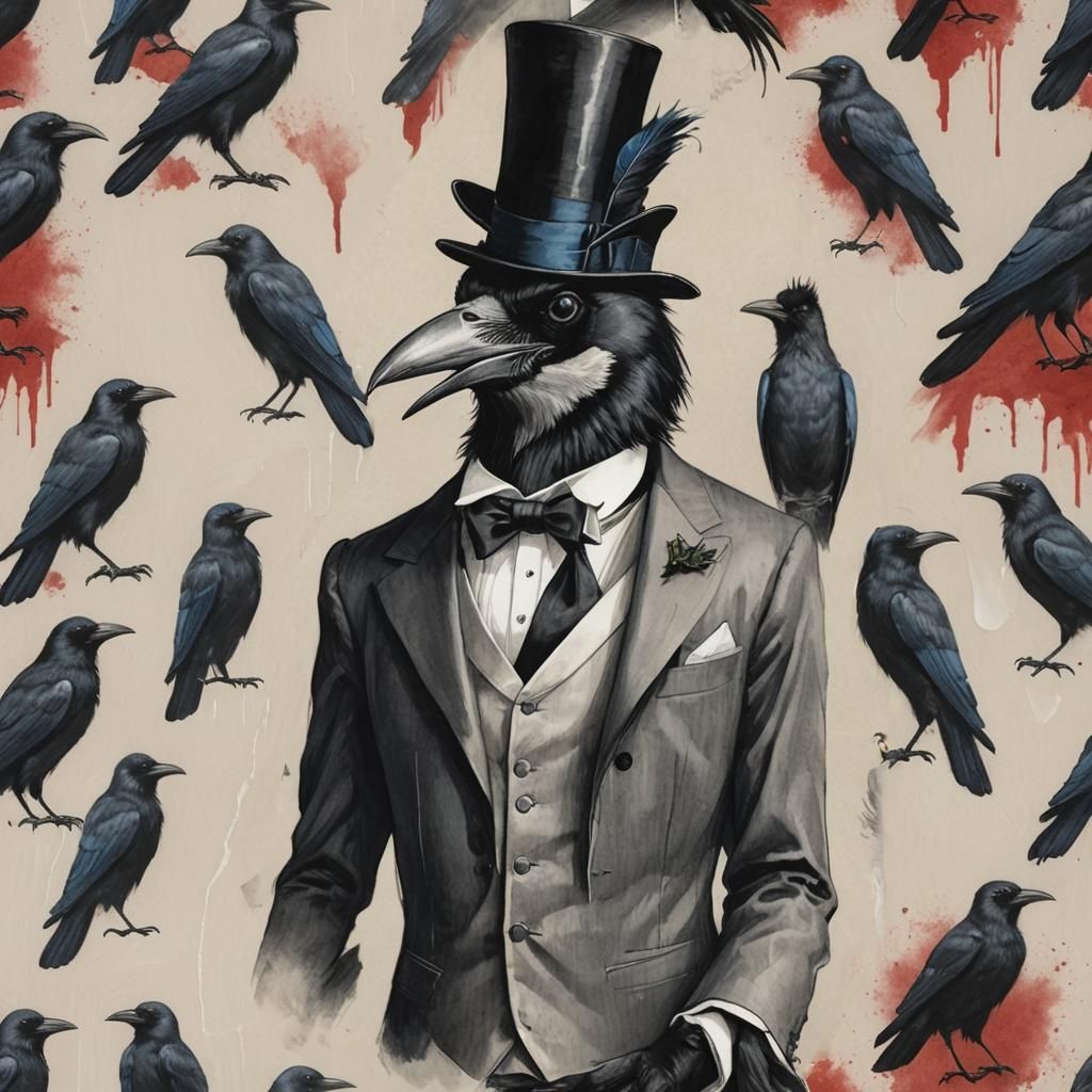 Anthropomorphic Crow in Tuxedo and Top Hat