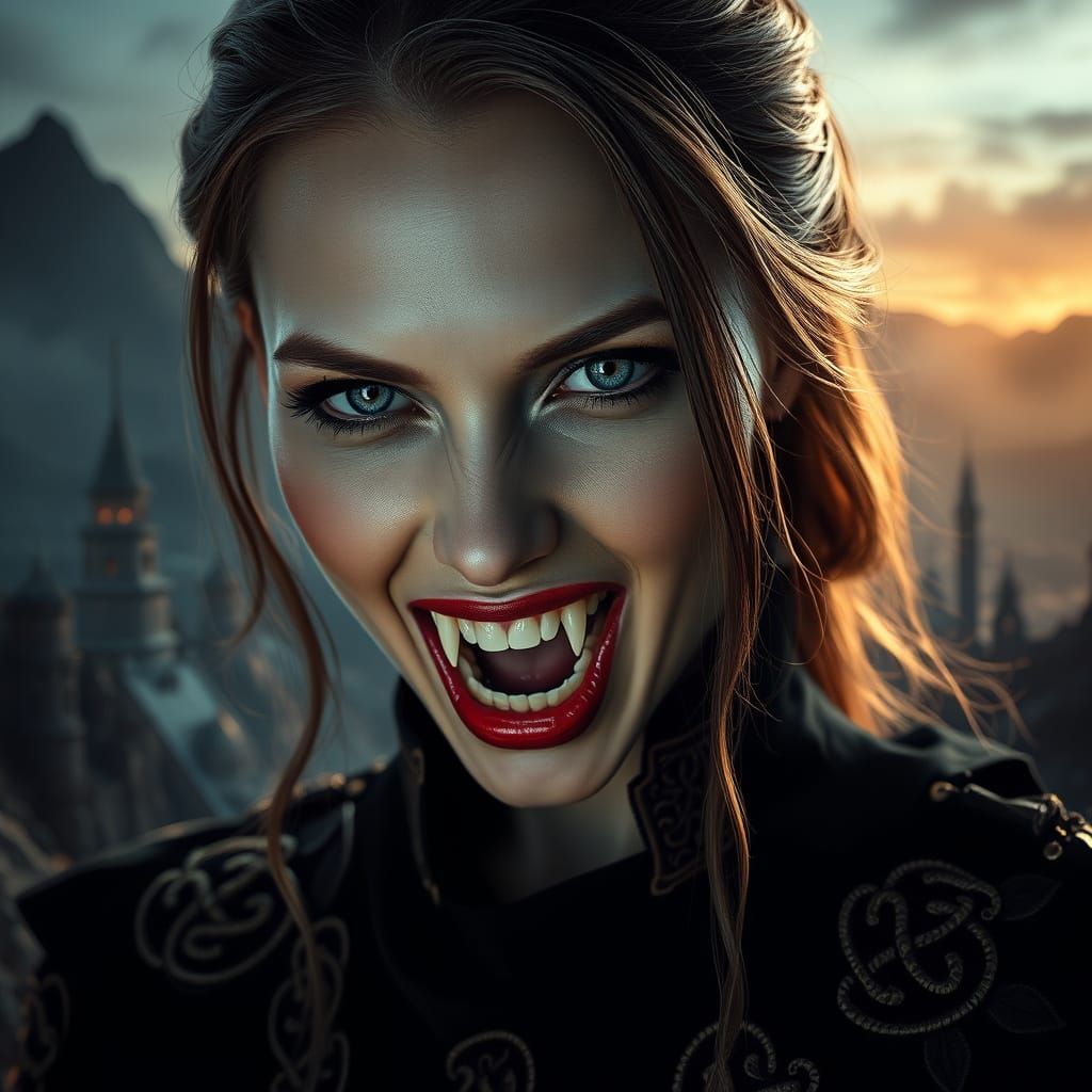 Ethereal Vampire Goddess Amidst Towering Black Cityscape