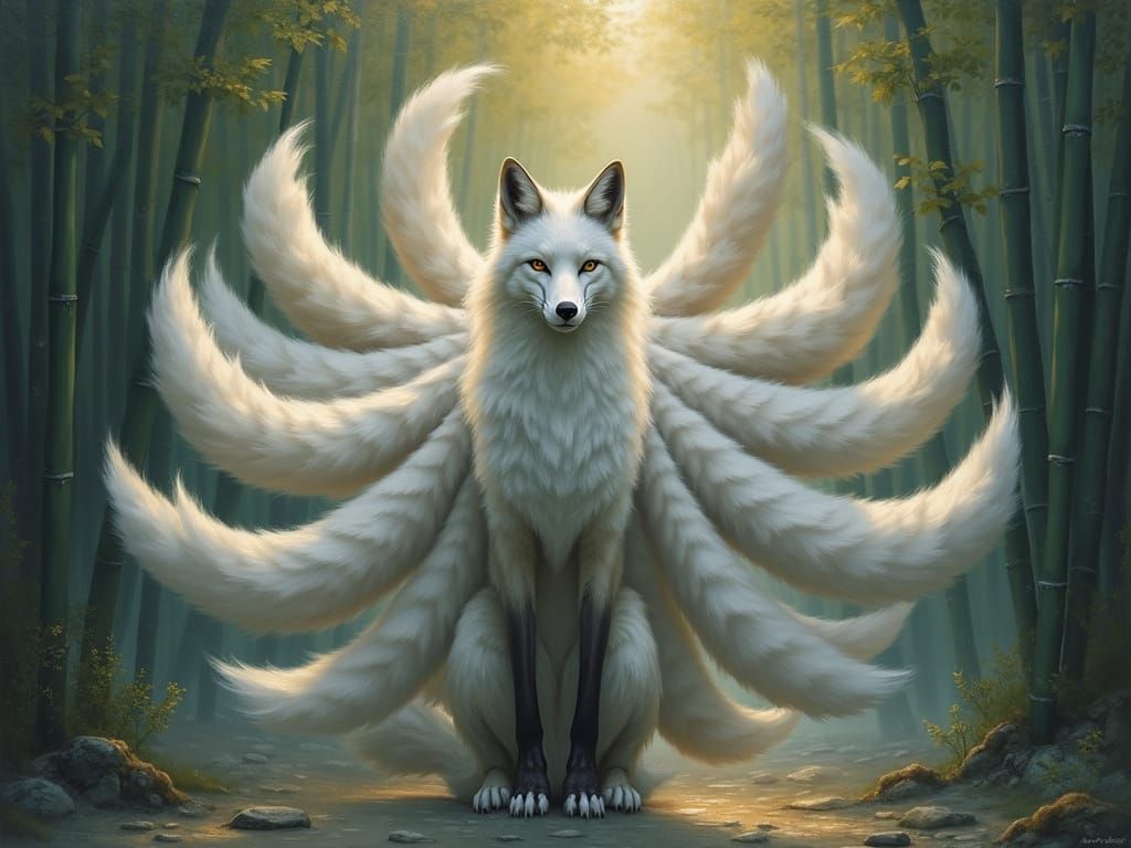 Surreal Silver Fox Goddess in Ethereal Bamboo Forest