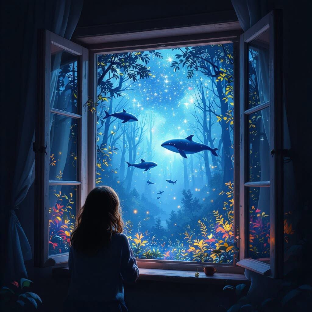 Enchanted Forest Scene with Floating Whales