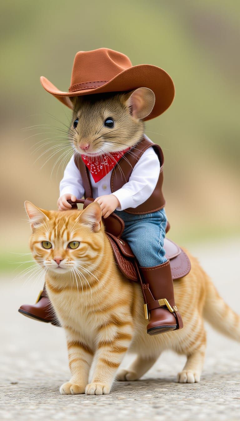 Cowboy Mouse Rides a Cat in Cartoon Style