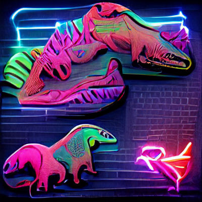 Neon Dinosaurs in Futuristic Landscape