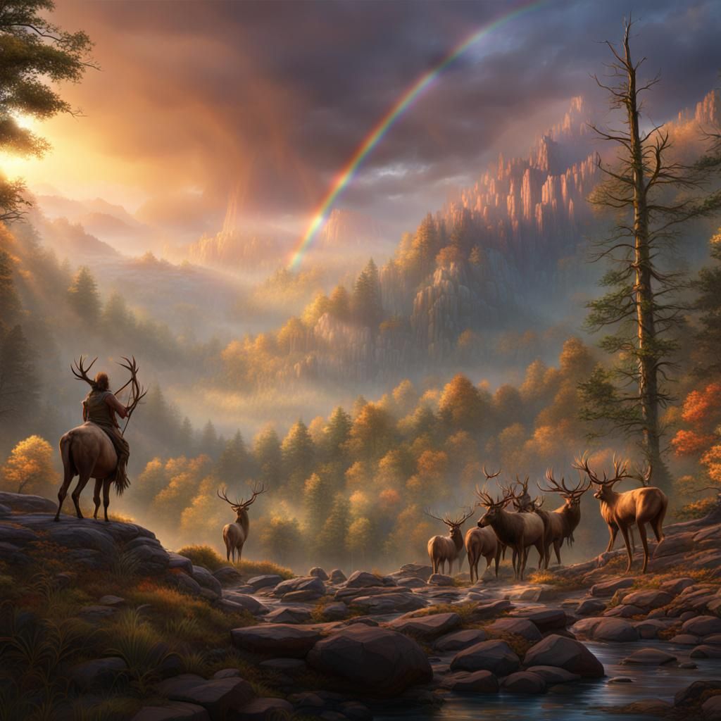 Catawba Tribes Hunting Elk at Sunrise: Fantasy Art