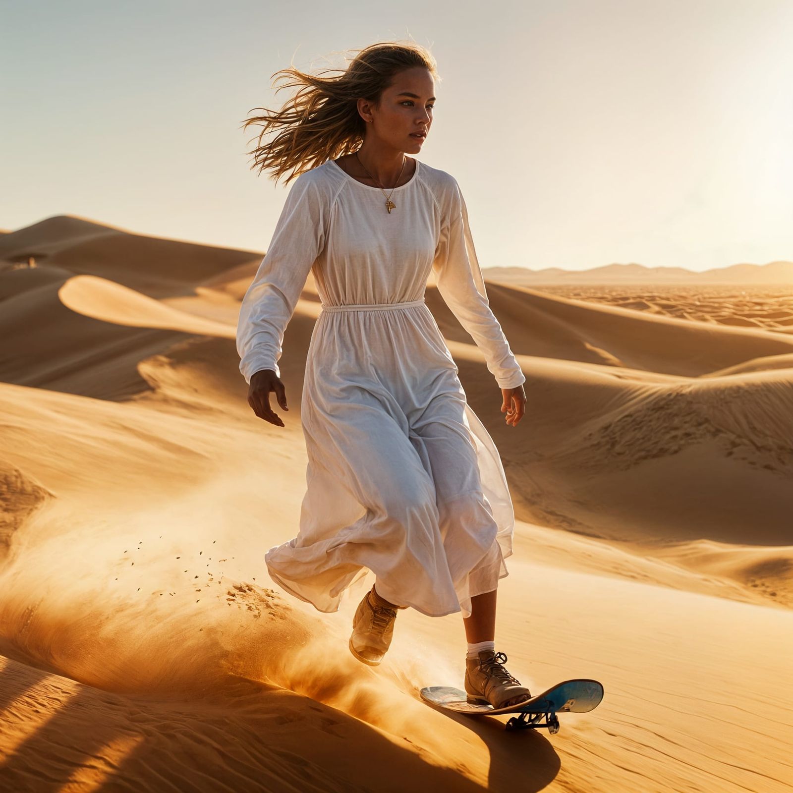Woman Snowboarding on Desert Dunes in Cinematic Style