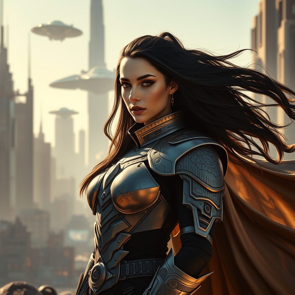 Regal Sci-Fi Warlord in Metallic Armor with Tattered Cape