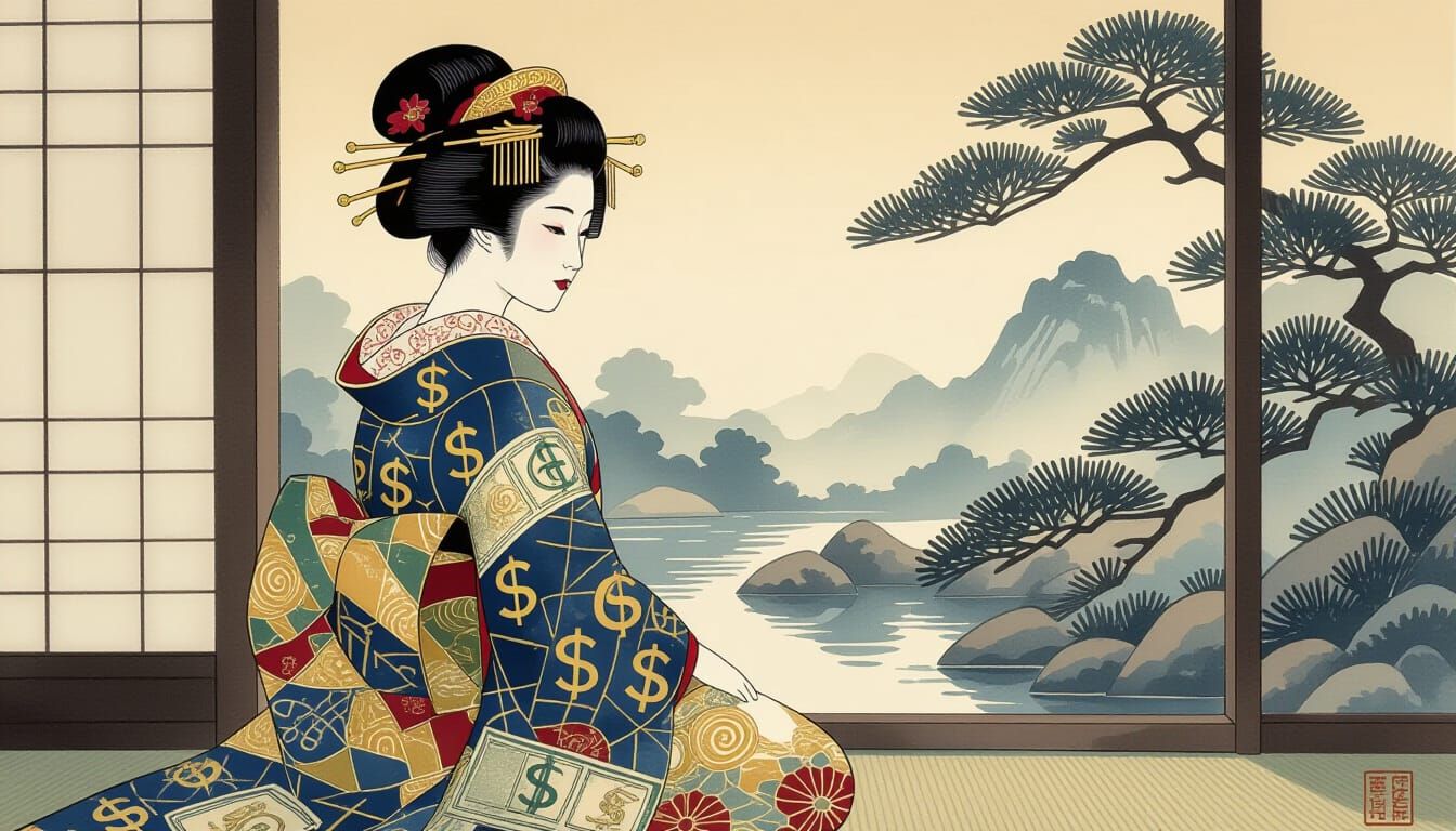 Geisha in Kimono with Currency Motifs, Ukiyo-e Watercolor St...