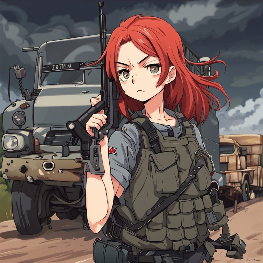 Anime Girl with Machine Gun and Truck
