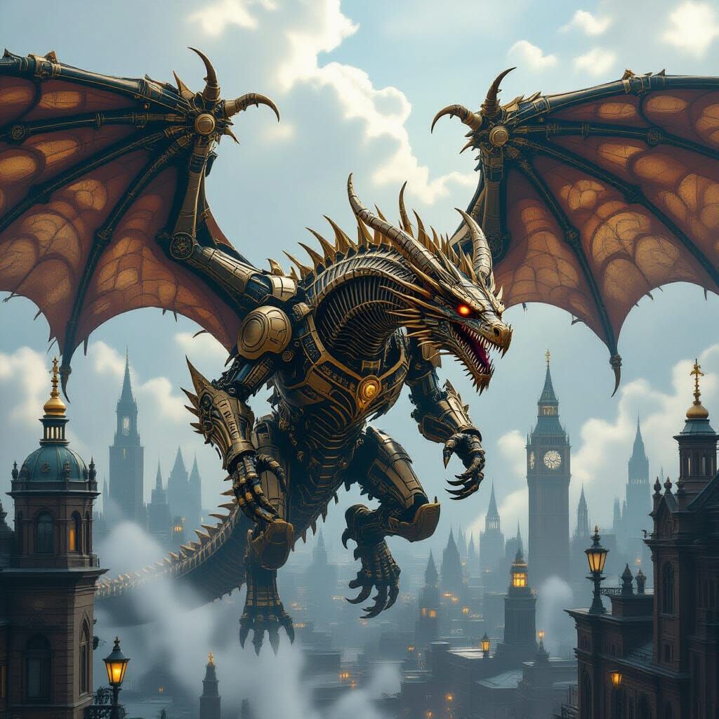 Colossal Clockwork Dragon Awakens in Steampunk City