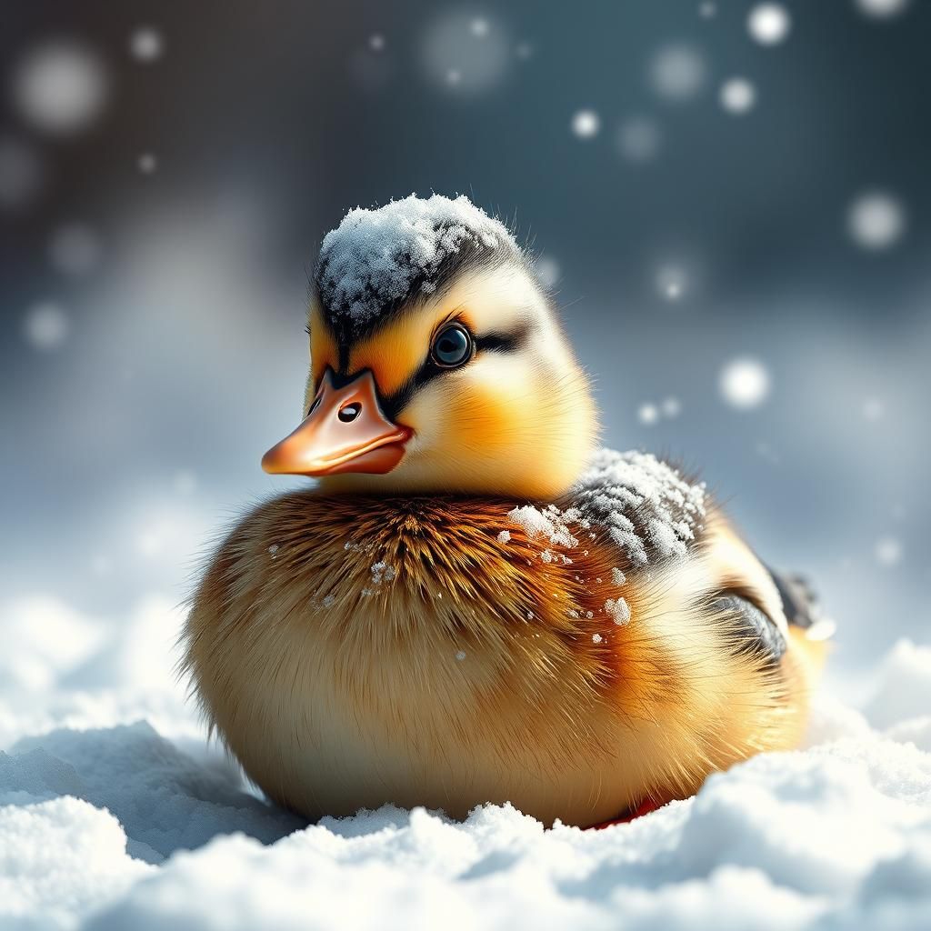 Adorable Baby Duck Covered in Snow: Hyperrealistic Art
