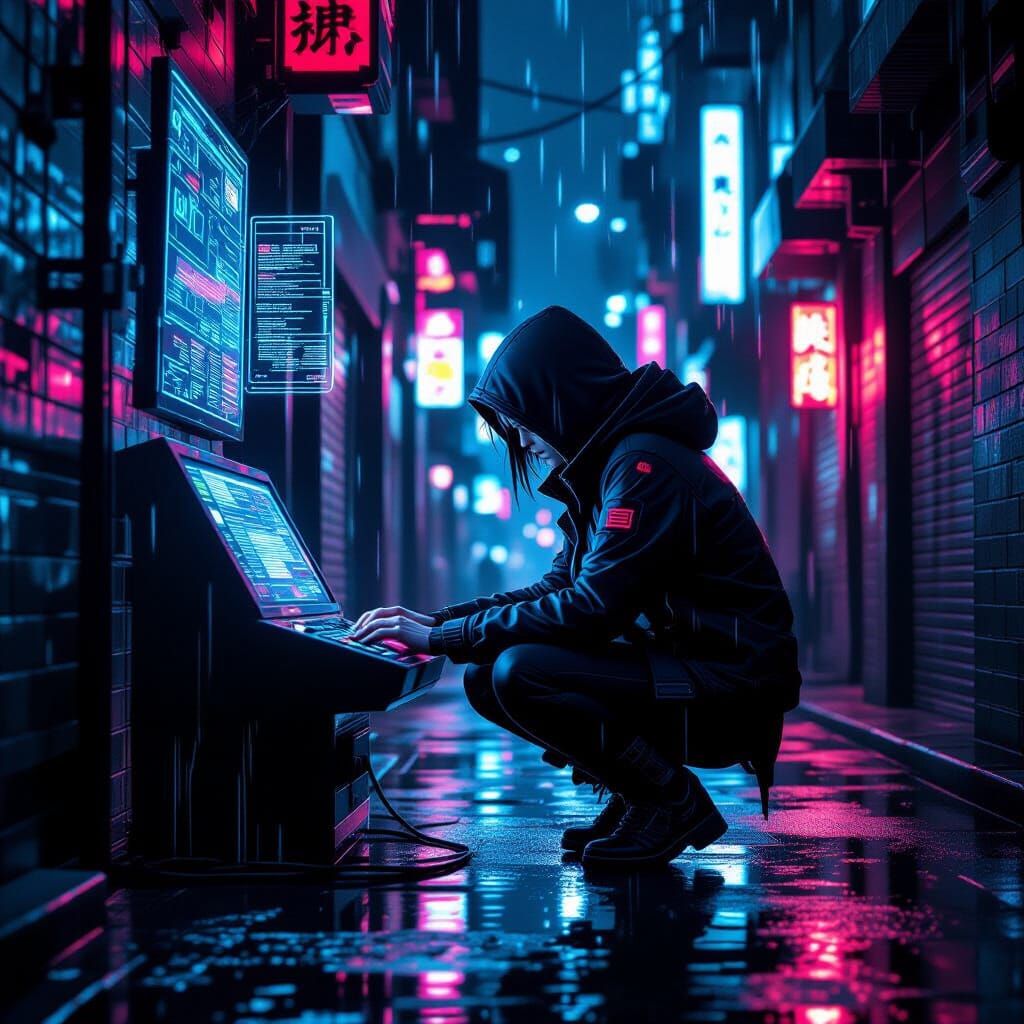 Lone Netrunner in Neon Alleyway