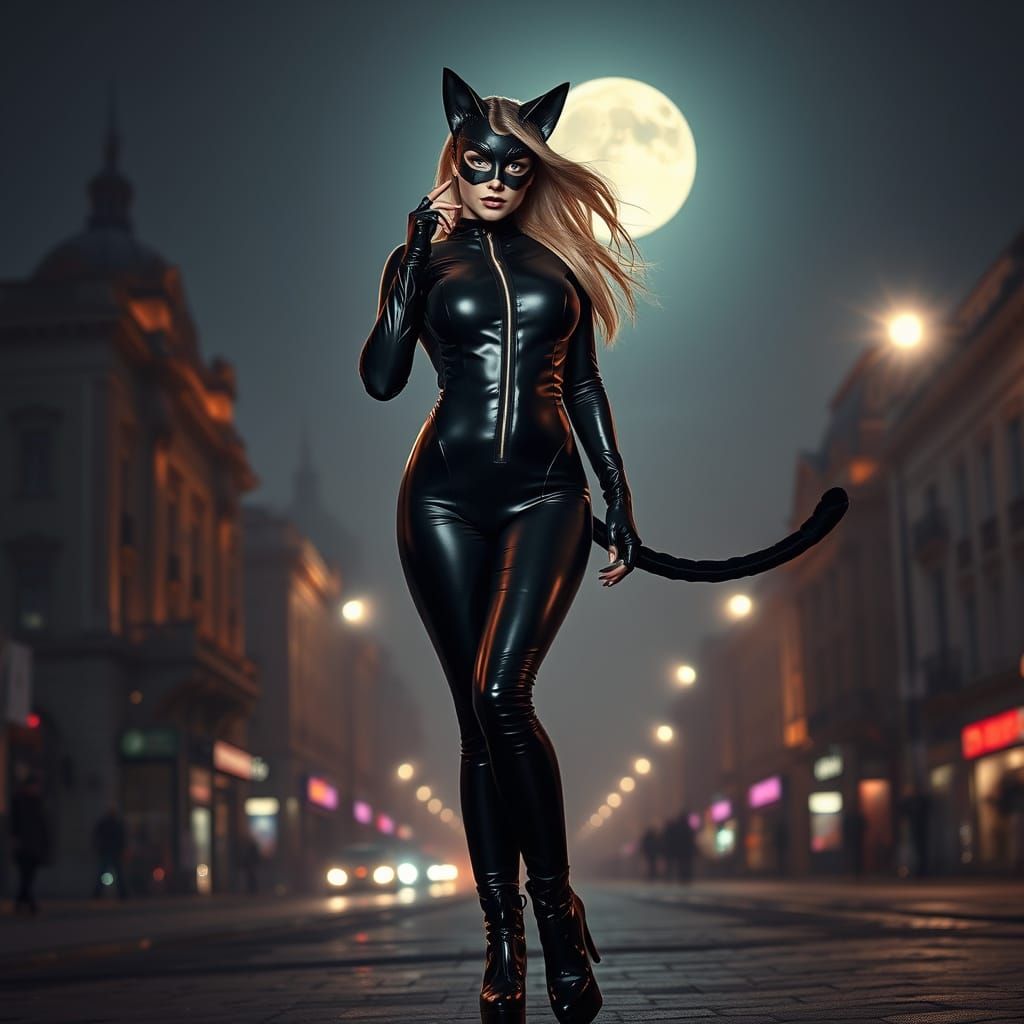 Elegant Woman in Black Latex Catsuit Under Budapest Moonligh...