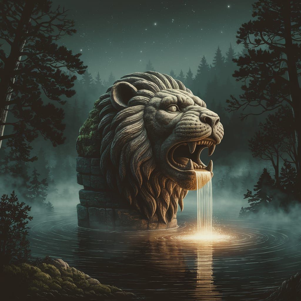Majestic Stone Lion Waterfall in Dark Forest Lake