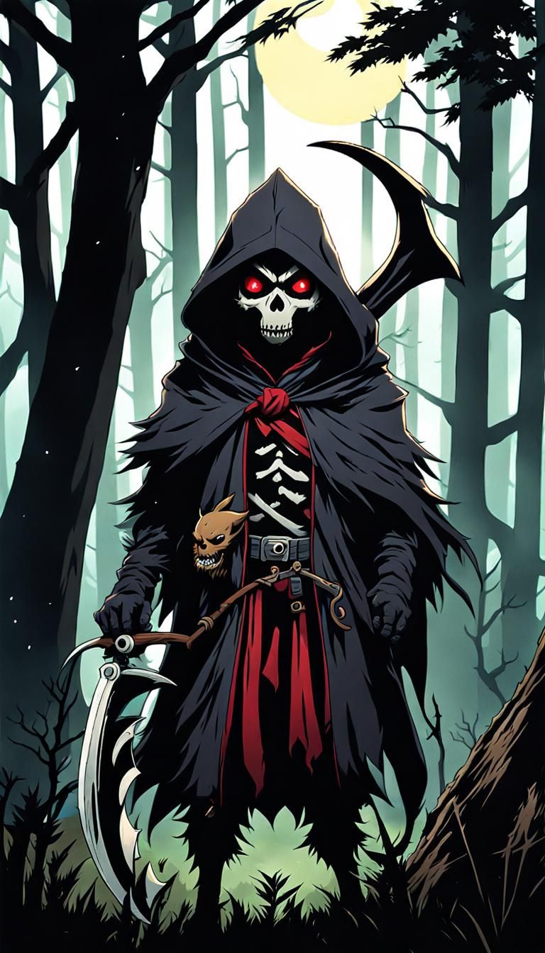 Chibi Werewolf Reaper in Forest, Anime Style