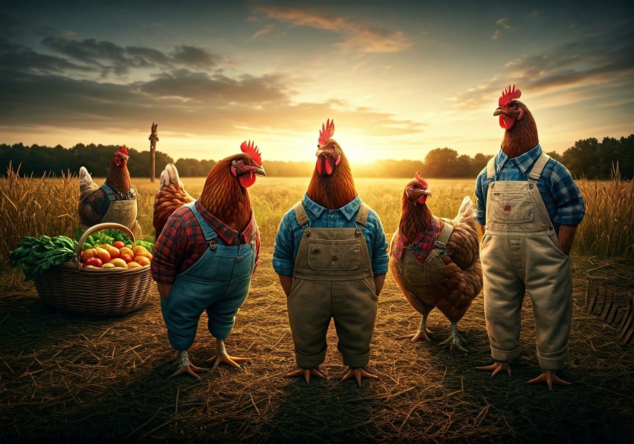 Chickens Dressed as Farmers in Golden Field