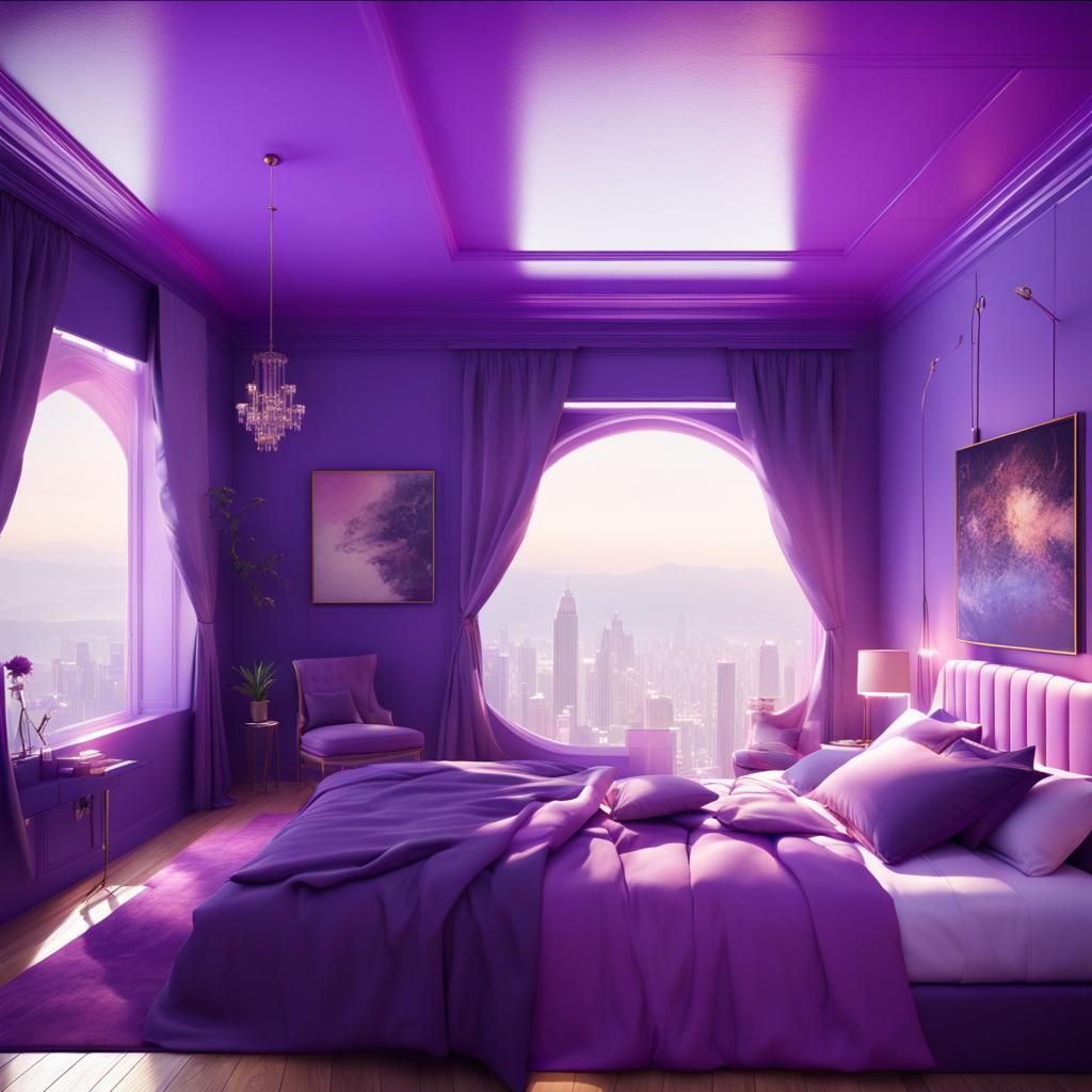 Luxurious bedroom purple walls and magenta ceiling with beautiful view and purple bed huge windows was purple curtains& ...