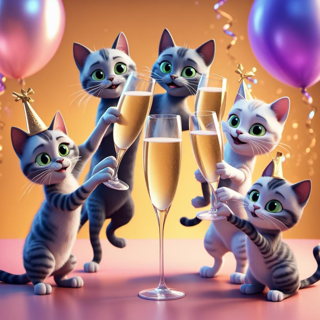 Cats Celebrate New Year's Eve as 3D Digital Art