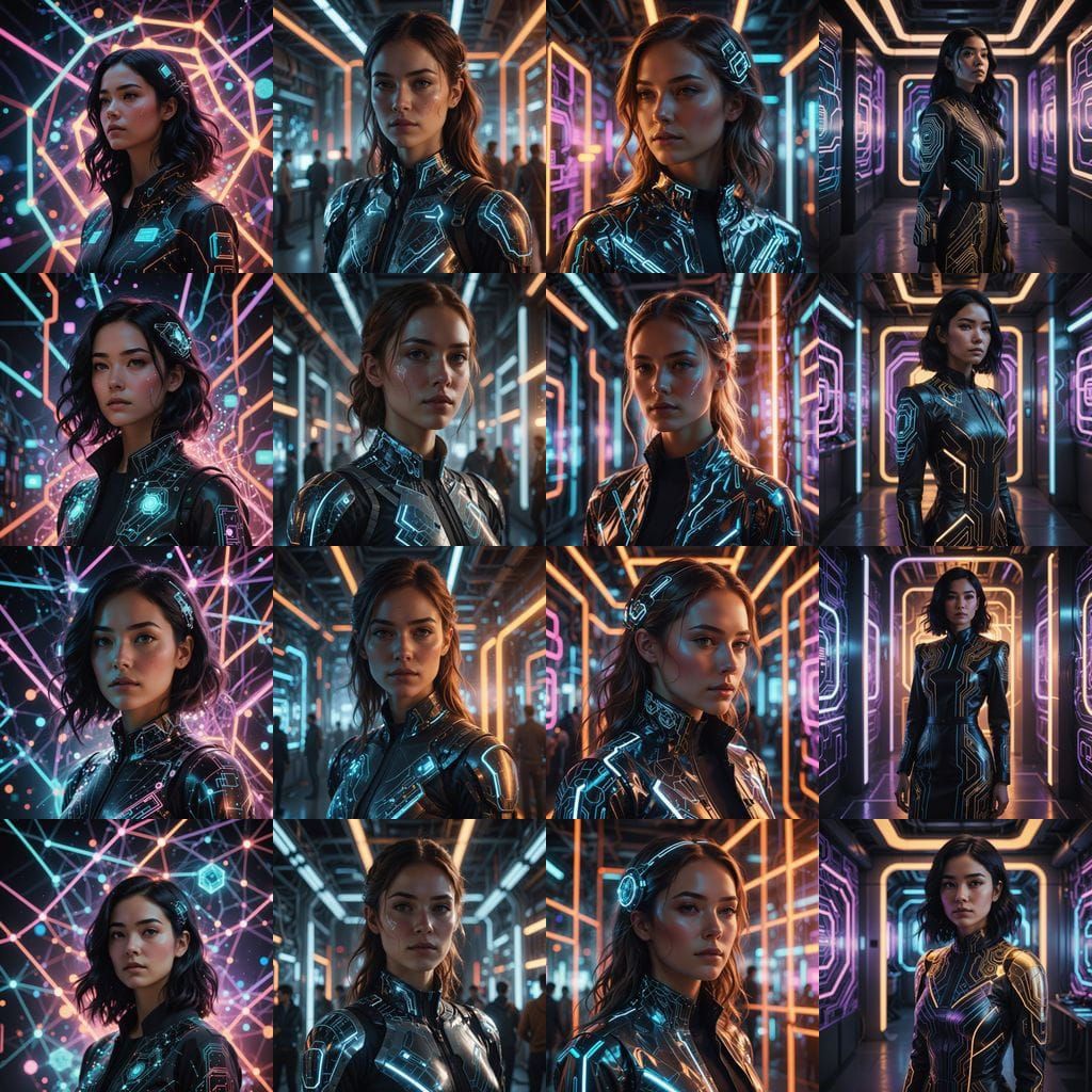 Elegant Woman in Futuristic Digital Art Space