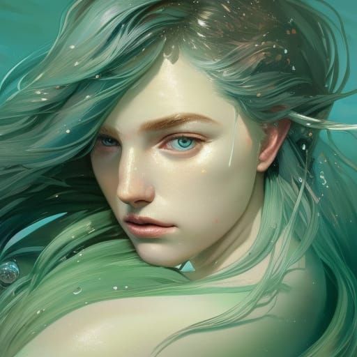 White Mermaid with Green Sparkles, Detailed Digital Art