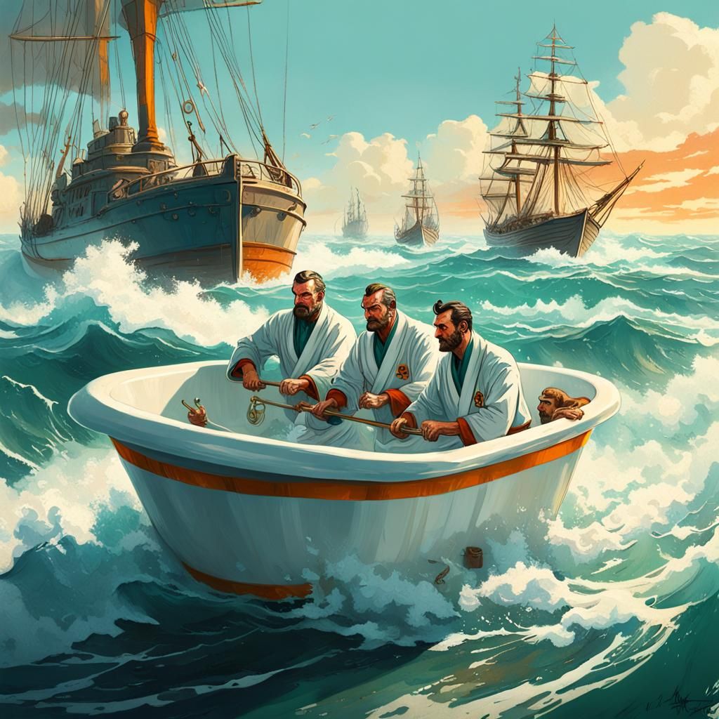 Heroic Sailors Pilot Bathtub in Vivid Soviet Propaganda Art