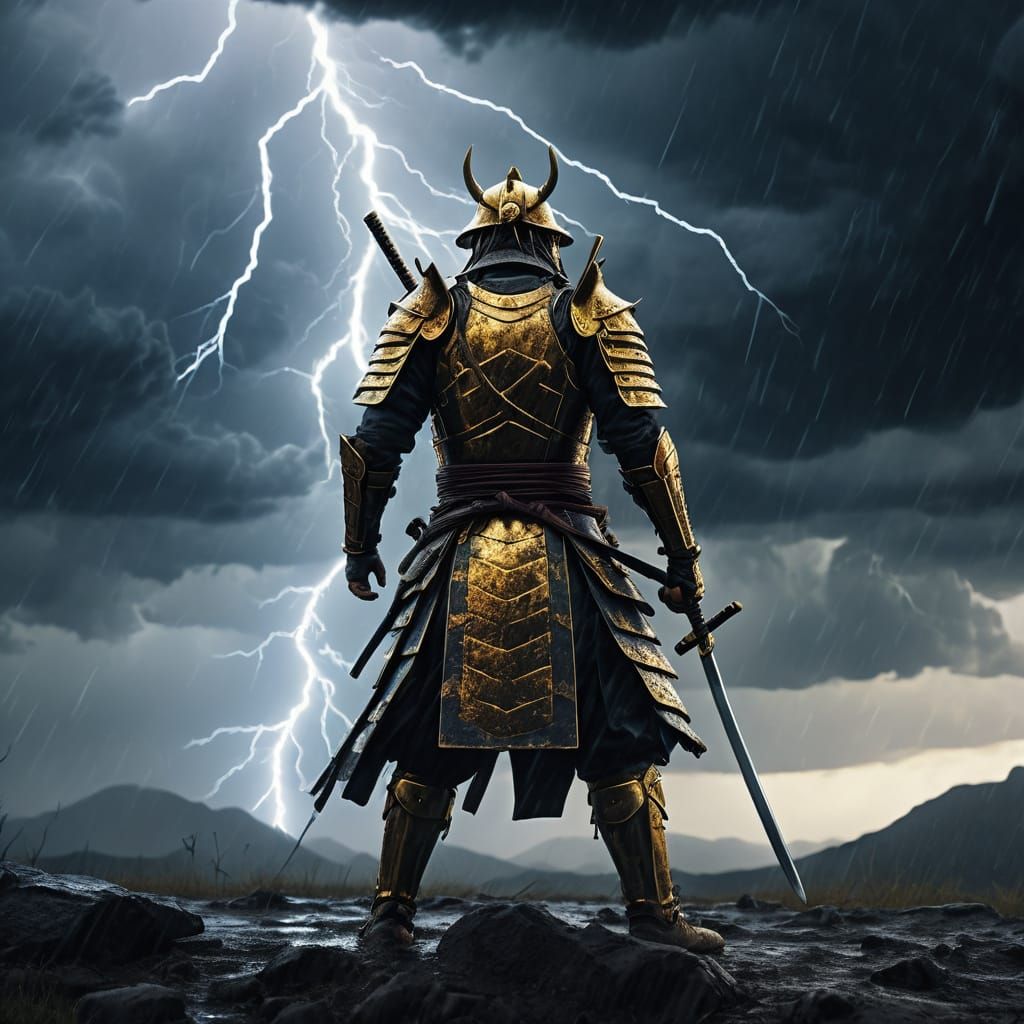 Epic Samurai Warrior in Golden Armor Defies the Stormy Battl...