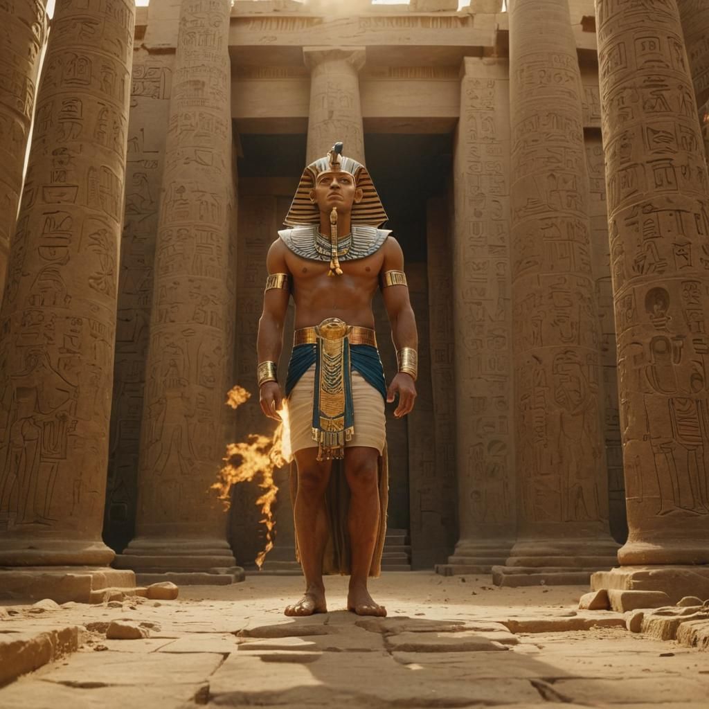 Egyptian Pharaoh in Temple at Golden Hour