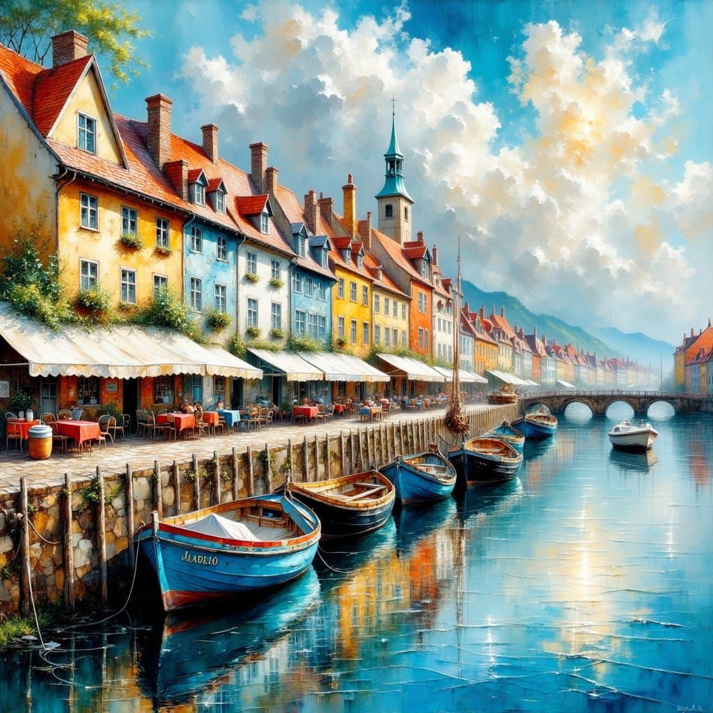 Enchanting Whimsical Port Town with Colourful Boats and Mark...