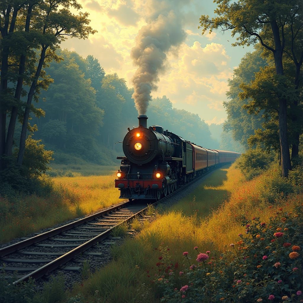 Train Journey Through Impressionistic Landscape