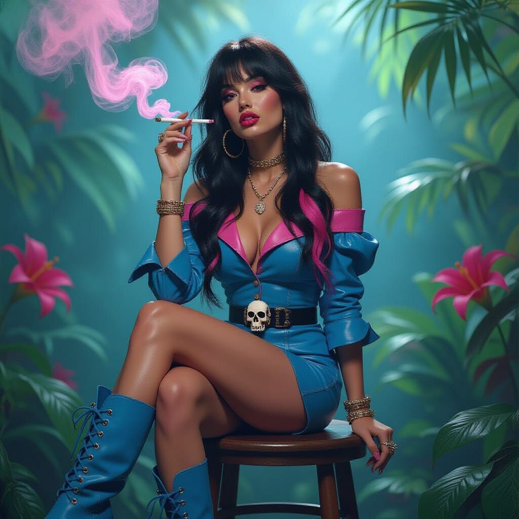 Elegant Woman Smoking in Floral Jungle, Cinematic Style